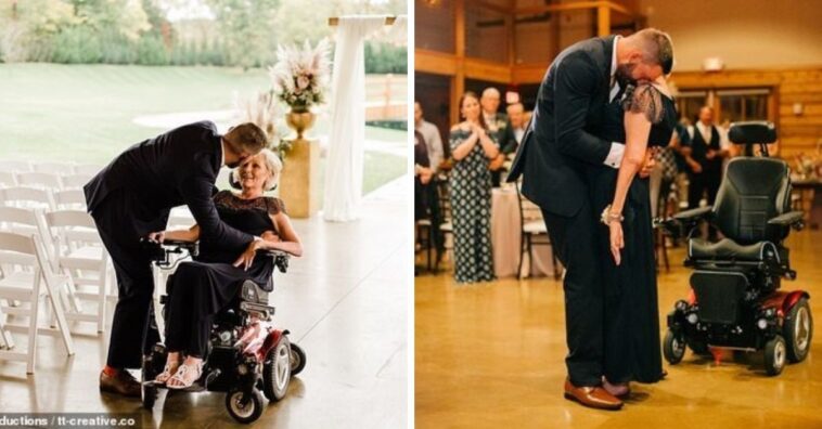 Filho levanta mãe de cadeira de rodas para dançar com ela no dia do seu casamento