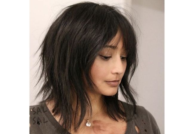 long bob com franja desfiado