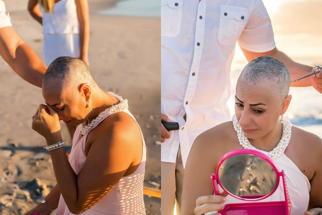Mulher com câncer de mama raspa a cabeça na praia em ensaio emocionante