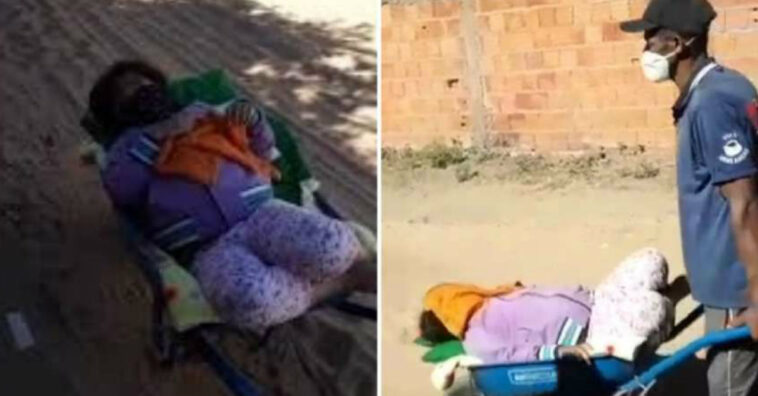 Sem carro da prefeitura, mulher filma marido levando filha ao hospital com carrinho de mão