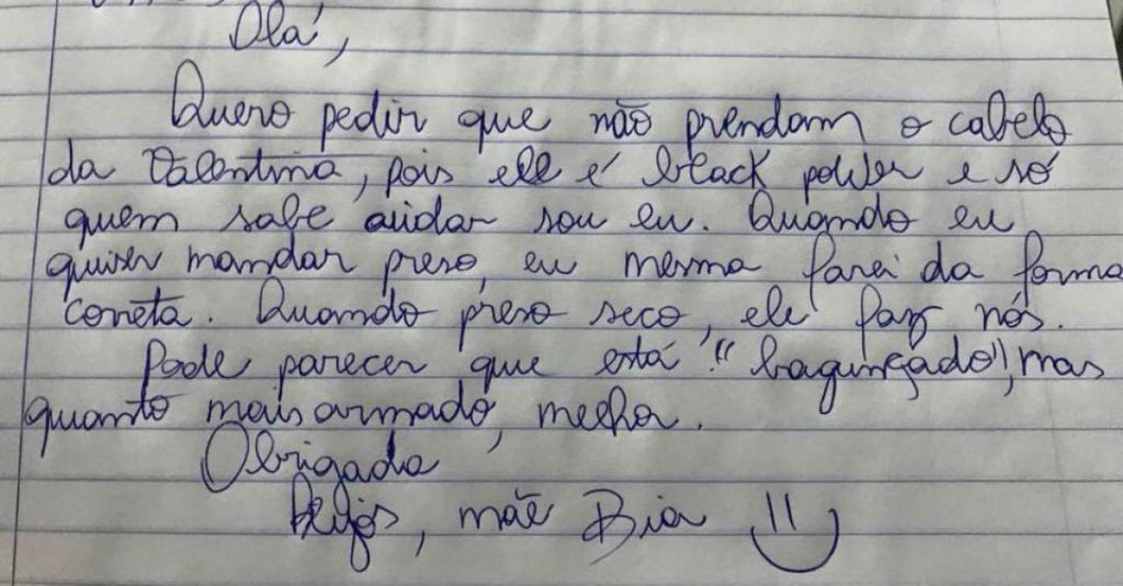 bilhete de mãe sobre cabelo da filha