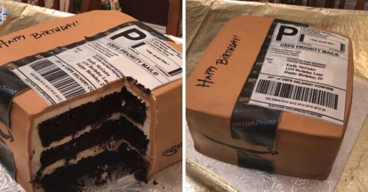 bolo no formato de caixa de entrega no aniversário