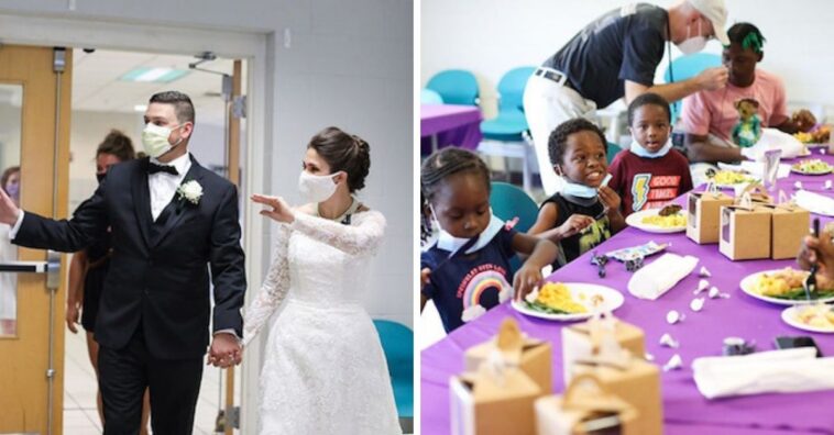 casal doa comida de casamento