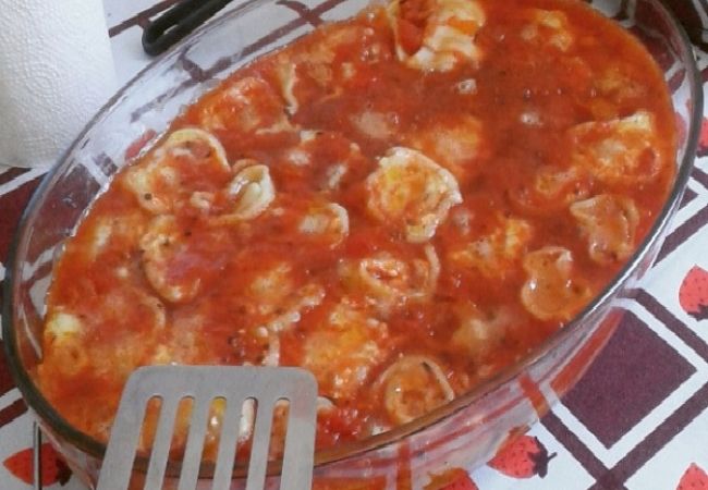 rondelli com requeijão e molho vermelho