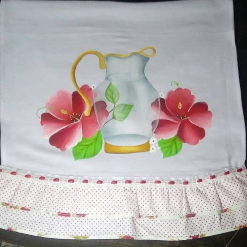pintura em pano de prato jarro e flores