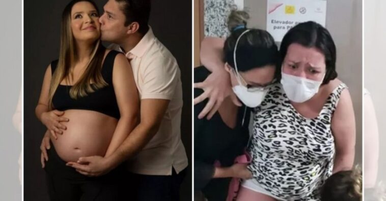 mãe dá à luz saindo do elevador do hospital