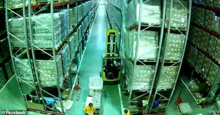 motorista de empilhadeira faz um depósito inteiro cair como dominó