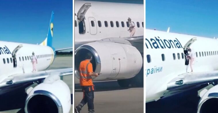 mulher abre porta de avião e anda pela asa