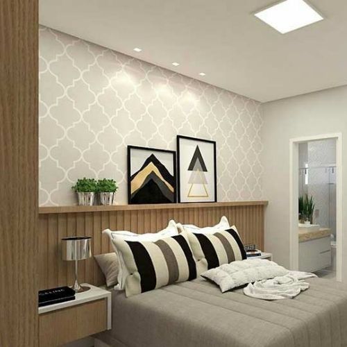 decoração de quarto de casal papel de parede e prateleira