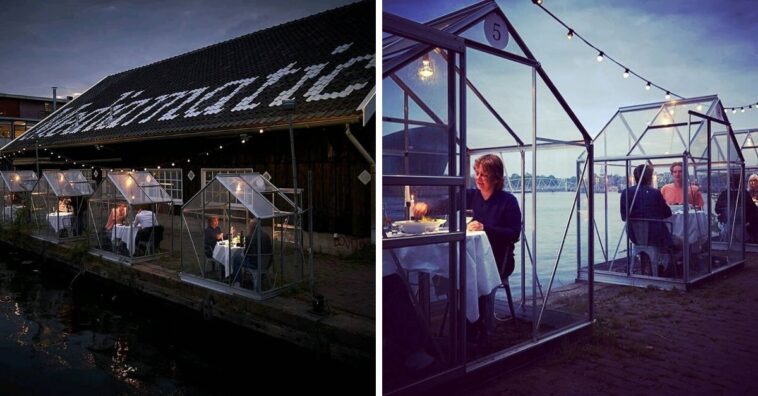 restaurante com casinhas transparentes para distanciamento social