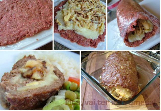 rocambole de carne moída com purê de batata