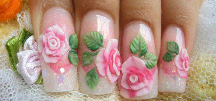 modelo de unhas 3d rosas folhas
